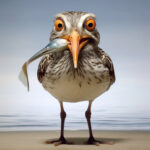 Comichafter Küstenvogel mit riesigen Augen hält Fisch im Schnabel am Strand | Comic-style coastal bird with huge orange eyes holding a fish in its beak on beach