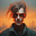 Digitales Portrait: Person mit roten Aviator-Brille, lockigem Haar, orangem Sonnenuntergang-Stadtpanorama | Digital portrait: person with red aviator glasses, curly hair, orange sunset cityscape background