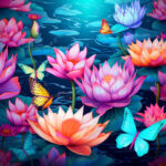 Leuchtende Lotusblüten in Pink, Orange und Violett mit bunten Schmetterlingen auf blauem Teich | Vibrant lotus flowers in pink, orange and violet with colorful butterflies on a blue pond