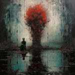 Dunkle Silhouette sitzt vor explodierendem roten Baum, spiegelt sich im Wasser | Dark silhouette sits before exploding red tree, reflected in still water