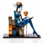 Abstrakte Metallskulptur: sitzende Frau in Blau hält Weinglas, kubistische Formen | Abstract metal sculpture: seated woman in blue holding wine glass, cubist geometric forms