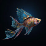 Digitaler Fisch mit ornamentalen Mustern in Gold, Rot und Blau vor schwarzem Hintergrund | Digital fish with ornamental patterns in gold, red and blue on black background