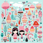 Zwei Mädchen halten Händchen in buntem Candyland mit Cupcakes und Lutscher | Two girls holding hands in colorful candyland with cupcakes and lollipops