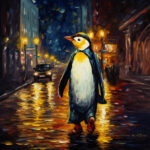 Königspinguin in rotem Schuhwerk spaziert nachts über nasse Stadtstraße, impressionistisch | King penguin in red shoes walks on wet city street at night, impressionist oil painting style