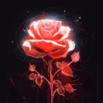 Leuchtend rote Rose mit Neon-Lichtlinien auf schwarzem Hintergrund, digitale Kunst | Glowing red rose with neon light lines on black background, digital art