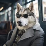 Husky in grauem Anzug mit Krawatte und Sonnenbrille sitzt im Bus | Husky in gray suit with tie and sunglasses sitting on a bus