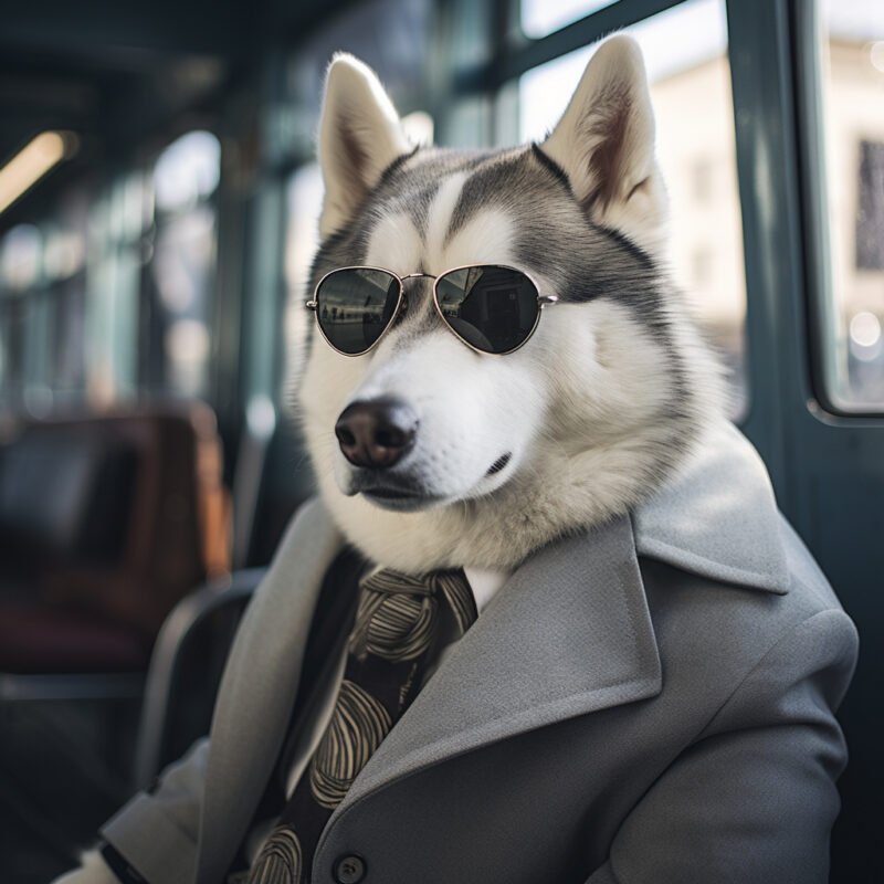 Mehr über den Artikel erfahren Ein Siberian Husky Hund im Anzug und mit Sonnenbrille am Busbahnhof, wie ein Gentleman