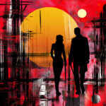 Zwei schwarze Silhouetten eines Paares vor großer gelber Sonne, rotem abstraktem Stadtbild | Two black silhouettes of a couple before large yellow sun, red abstract urban landscape