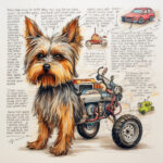 Yorkshire Terrier vor mechanischem Fahrzeug, umgeben von Skizzen und Notizen | Yorkshire Terrier in front of mechanical vehicle, surrounded by sketches and notes