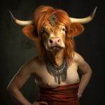 Hybrides Wesen: Highland-Rind-Kopf mit Hörnern, Goldschmuck, rotem Gewand | Hybrid being: Highland cattle head with horns, gold jewelry, red draped garment