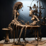 Zwei skelettartige Puppen mit Dreadlocks an einem Tisch, umgeben von Vögeln | Two skeletal puppets with dreadlocks at a table, surrounded by birds