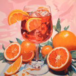 Gemälde: Aperol Spritz im Weinglas mit Eiswürfeln, umgeben von Orangen, rosa Hintergrund | Painting: Aperol Spritz in wine glass with ice cubes, surrounded by oranges, pink background