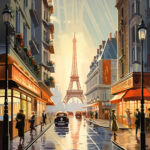 Pariser Straße mit Eiffelturm im Hintergrund, Retro-Autos und Passanten, warmes Licht | Parisian street with Eiffel Tower, retro cars and pedestrians in warm golden light