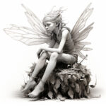 Nachdenkliche Elfe mit transparenten Flügeln sitzt auf Blätterhaufen, S/W-Illustration | Pensive fairy with transparent wings sitting on pile of leaves, black and white illustration
