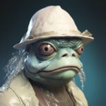 Anthropomorphe grüne Reptilienfigur mit weißem Hut, 3D-Render | Anthropomorphic green reptile character wearing a white hat, 3D render