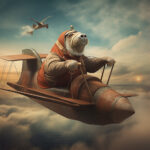 Walross in Fliegerjacke und Helm steuert Retro-Doppeldecker über Wolken | Walrus in aviator jacket and helmet pilots a retro biplane above clouds