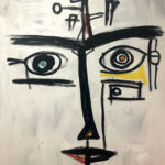 Expressives Gesicht in schwarzen Linien, asymmetrische Augen mit blauem und gelbem Akzent | Expressive face in black lines, asymmetric eyes with blue and yellow accents