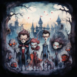Vier cartoon-artige Vampire mit roten Augen vor düsterem Schloss, umgeben von Monstern | Four cartoon-style vampires with red eyes before a gloomy castle, surrounded by monsters