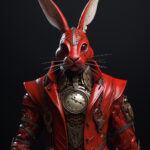 Anthropomorpher roter Hase in Steampunk-Rüstung mit großer Taschenuhr | Anthropomorphic red rabbit in steampunk armor with large pocket watch