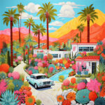 Farbenfrohe Pop-Art-Villa mit Oldtimer, Palmen, Kakteen und bunten Wüstenblumen | Colorful pop art desert villa with vintage car, palm trees, cacti and vibrant flowers