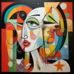 Kubistisches Frauenporträt mit rotem Mund, grünem Lidschatten, bunten geometrischen Formen | Cubist female portrait with red lips, green eyeshadow, colorful geometric shapes and circles