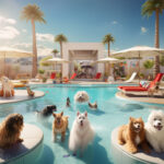 Mehrere Hunde plantschen in einem Luxus-Pool mit Palmen und Liegestühlen | Several dogs splashing in a luxury pool with palm trees and sun loungers
