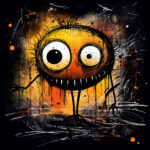 Grinsende orangefarbene Monster-Figur mit Glubschaugen, expressiver Grunge-Illustration | Grinning orange monster figure with bulging eyes, expressive grunge illustration
