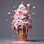 Überladene Eistüte mit schmelzender rosa-weißer Eiscreme und schwebenden Tropfen | Overloaded waffle cone with melting pink-white ice cream and floating droplets