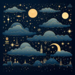 Illustrierter Nachthimmel mit Wolken, Mond, Sternen und goldenen Stadtsilhouetten | Illustrated night sky with clouds, moon, stars and golden city silhouettes