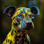 Digitales Hundeporträt mit gelbem Leopardenmuster und leuchtend blauen Augen | Digital dog portrait with yellow leopard pattern and vivid blue eyes