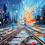 Straßenbahn auf Schienen mit expressiver Farbexplosion in Blau, Orange und Weiß | Tram on rails with expressive color explosion in blue, orange and white