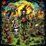 Skelett-Rockband spielt Gitarren auf grüner Wiese, greller Comic-Stil | Skeleton rock band playing guitars on green meadow, vivid comic style