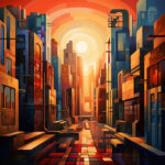 Kubistische Stadtgasse im Sonnenuntergang, geometrische Gebäude in Orange und Blau | Cubist urban alley at sunset, geometric buildings in orange and blue tones