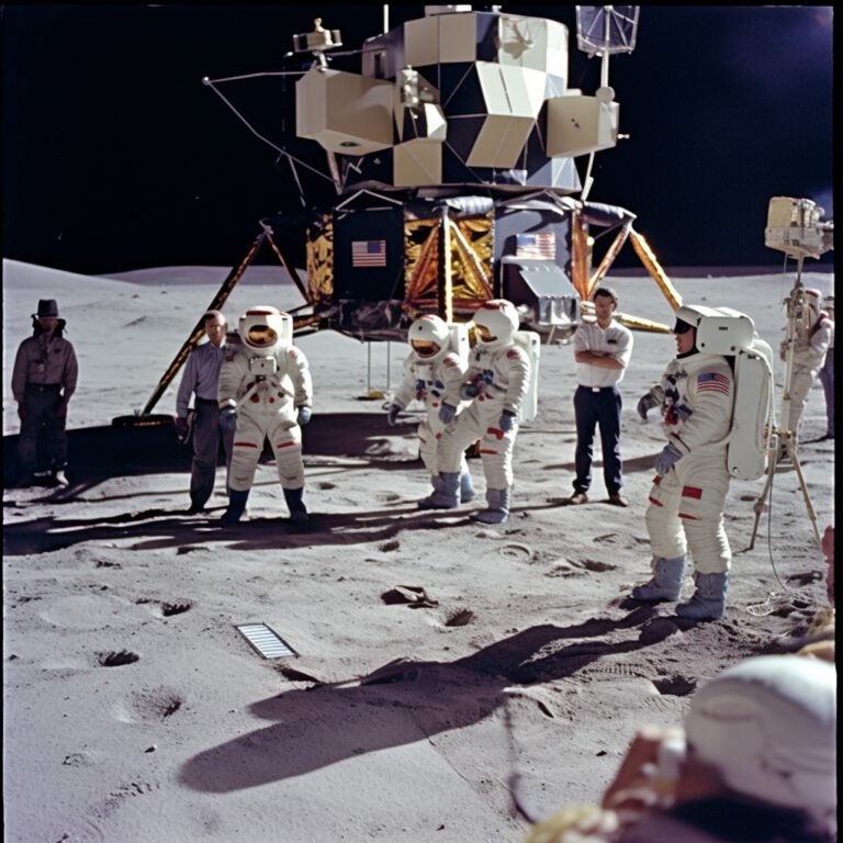 Gruppe von Menschen mit TV-Kamera, die die Faelschung des Apollo 11-Projekts zeigen sollen