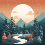 Winterliche Berglandschaft mit gewundenem Weg, Tannen und großem Mond | Winter mountain landscape with winding path, fir trees and large moon