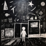 Weiße Kreidefigur steht vor schwarzem Hintergrund mit Sternen, Mond und Symbolen | White chalk figure stands against black background with stars, moon and scattered symbols