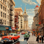 Retro-Stadtszene der 1950er mit Oldtimern, belebter Straße und historischen Gebäuden | Retro 1950s cityscape with classic cars, busy street and historic buildings