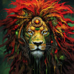 Stilisierter Löwe mit rot-goldener Mähne, Steampunk-Symbolen in Grün und Rot | Stylized lion with red-gold mane, steampunk symbols in green and red