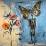 Abstrakte Malerei: Strichfigur hält Schmetterling, links orange-rosa Rosen auf Blau-Weiß | Abstract painting: stick figure holds butterfly, left orange-pink roses on blue-white background