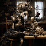 Gotische Puppe mit Wurzelhaar sitzt am Tisch gegenüber skelettartiger Kreatur | Gothic doll with root hair sits at table facing skeletal creature in dark room
