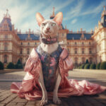 Sphynx-Katze in rosa Barockkleid vor prächtigem Schloss, KI-Kunst | Sphynx cat in pink baroque gown before grand palace, AI art