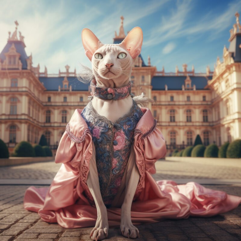 Mehr über den Artikel erfahren Sphynx-Katze im Ballkleid vor dem Hintergrund eines praechtigen Palastes im mittelalterlichen Stil