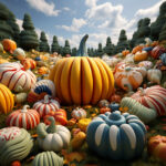 Digitale 3D-Kunst: Bunte, gestreifte Kürbisse auf Herbstwiese mit Zypressen | Digital 3D art: Colorful striped pumpkins on autumn meadow with cypress trees