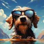 Digitale Illustration: Zotteliger Hund mit verspiegelter Sonnenbrille vor blauem Himmel | Digital illustration: shaggy dog wearing mirrored sunglasses against blue sky and mountains