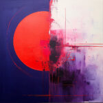 Abstrakte Malerei: Roter Kreis auf Dunkelblau, geometrische Linien in Violett und Weiß | Abstract painting: red circle on dark blue, geometric lines in violet and white
