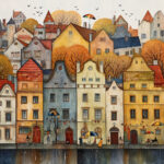 Märchenhafte Altstadt im Herbst, bunte Giebelhäuser, Passanten mit Schirmen im Regen | Fairytale old town in autumn, colorful gabled houses, pedestrians with umbrellas in rain