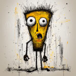 Gelbe Cartoon-Figur mit Glubschaugen und offenem Mund, expressives Tinten-Splatter-Kunstwerk | Yellow cartoon figure with bulging eyes and open mouth, expressive ink splatter artwork