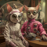 Zwei anthropomorphe Katzen in Steampunk-Kostümen mit Schutzbrillen an einem Tisch | Two anthropomorphic cats in steampunk costumes with goggles sitting at a table