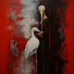 Surrealistische Figur mit Vogelkopf in Schwarz, weißer Reiher, roter Hintergrund | Surrealist figure with bird head in black robe, white heron, red abstract background