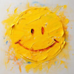 Gelbes Smiley-Gesicht in dicker Ölfarbe, grob aufgetragen auf weißem Grund | Yellow smiley face in thick oil paint, roughly applied on white background